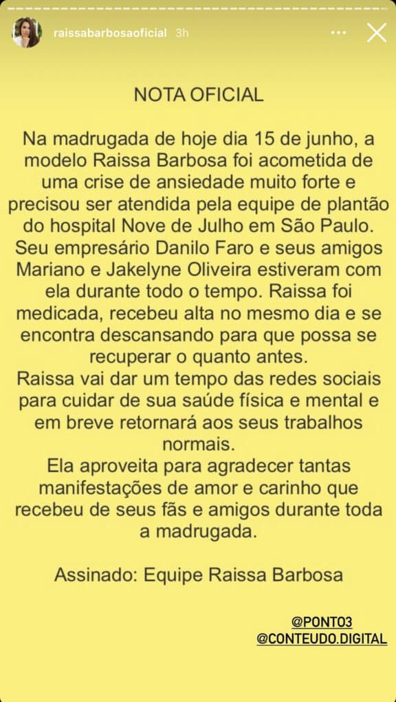 Nota divulgada pela assessoria de Raissa (Reprodução/Instagram Stories)