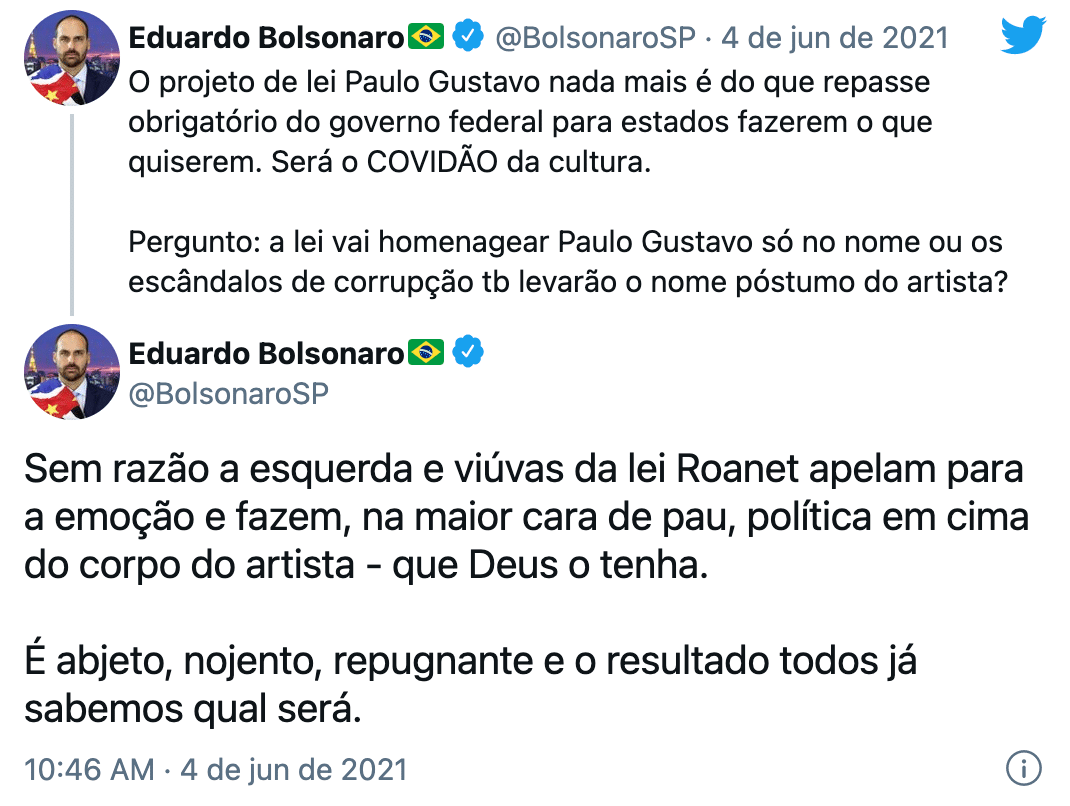 Deputado federal Eduardo Bolsonaro (PSL-SP) atacou lei que leva nome de Paulo Gustavo (Reprodução/Twitter)