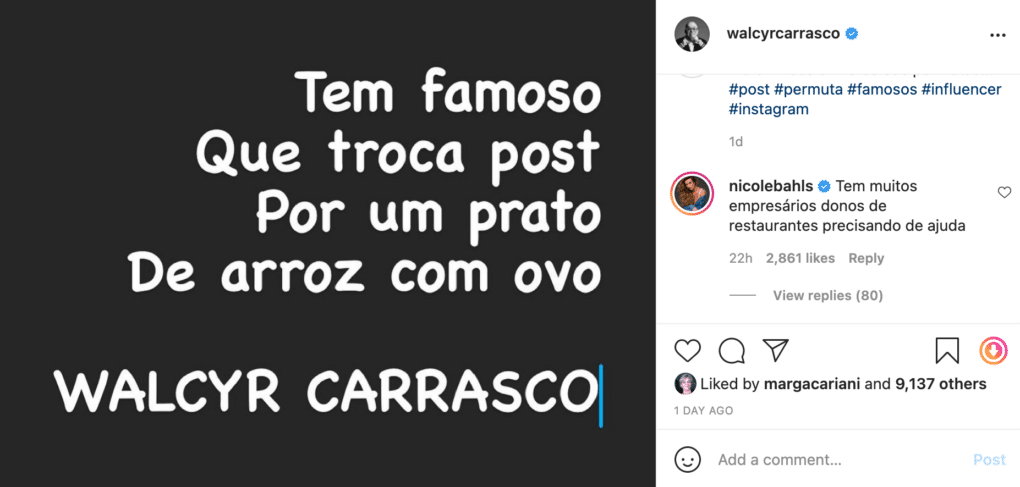 Nicole Bahls não gostou de publicação de Walcyr Carrasco (Reprodução/Instagram)