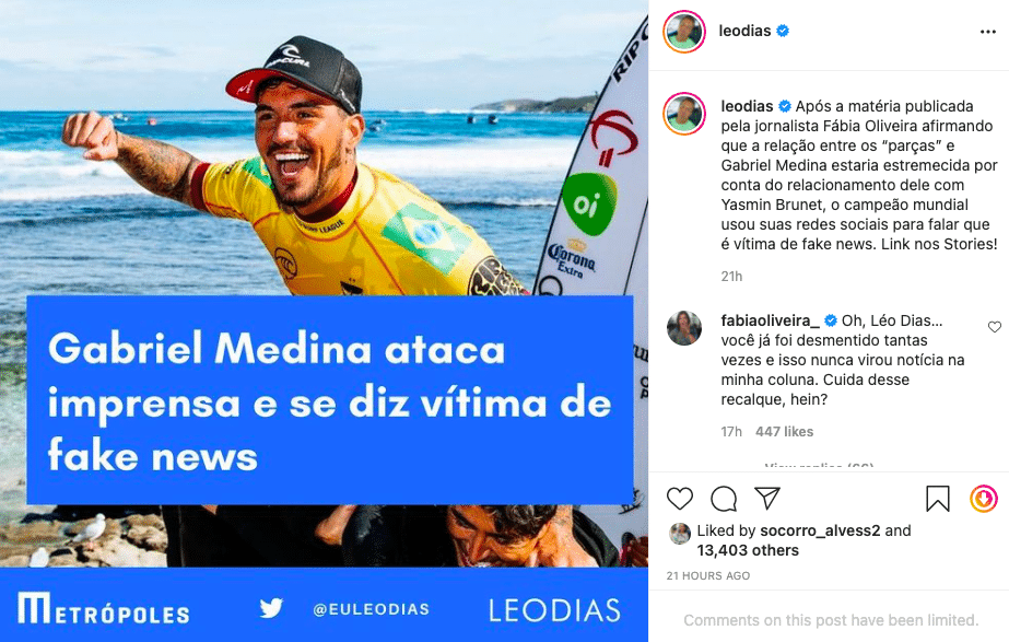 Léo Dias e Fábia Oliveira se alfinetam nas redes sociais (Reprodução/Instagram)