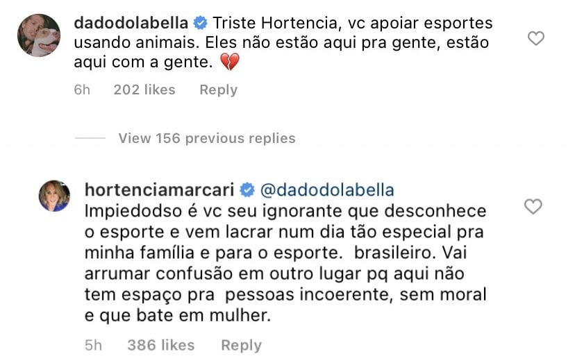 Dado Dolabella discute com Hortência e atleta responde: "Vai arrumar confusão em outro lugar" (Reprodução/Instagram)