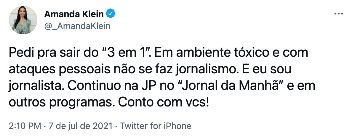 Amanda Klein anunciou sua saída do programa (Reprodução/Twitter)