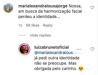 “Pedi outra identidade”, diz Luiza Brunet após fazer harmonização facial (Reprodução/Instagram)