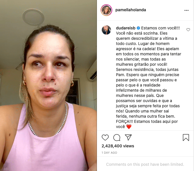 Após agressão, Duda Reis demonstra apoio a Pamella Holanda: "Lugar de homem agressor é na cadeia" (Reprodução/Instagram)