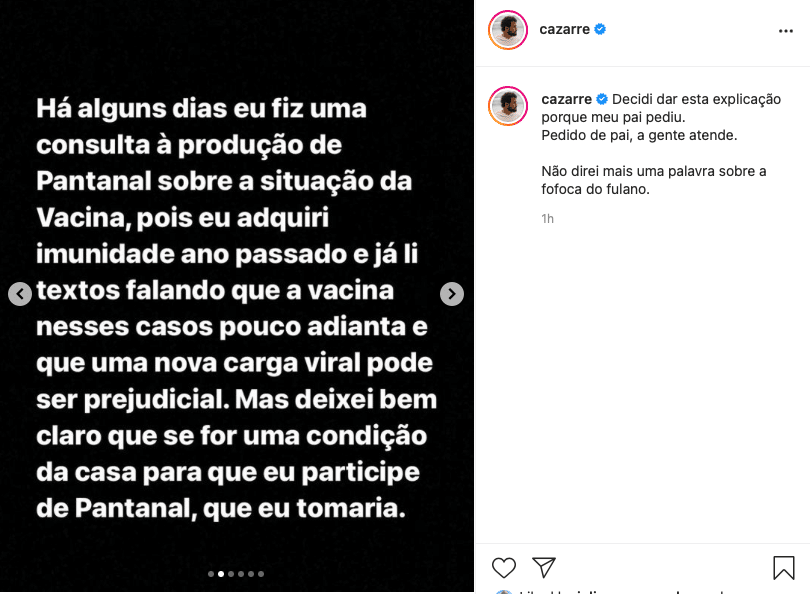 Juliano Cazarré se pronuncia após rumores de ter recusado vacina (Reprodução/Instagram)