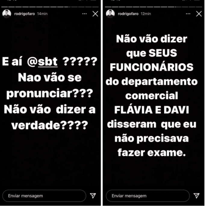 Rodrigo Faro cobra posicionamento e diz que SBT o impediu de fazer exames (Foto: Reprodução/Instagram)