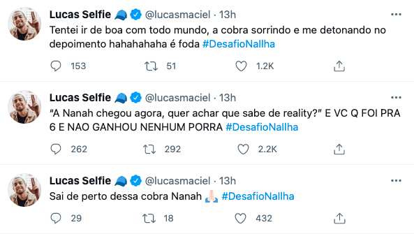 Ilha Record: Lucas Selfie perde a paciência com participante: "Nunca ganhou p* nenhuma" (Reprodução/Twitter)