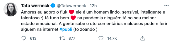 Tatá Werneck se pronuncia após "climão" com Fiuk na gravação do Lady Night (Reprodução/Twitter)