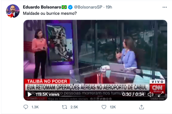 Eduardo Bolsonaro critica Carla Vilhena por fala na CNN: “Burrice?” (Reprodução)