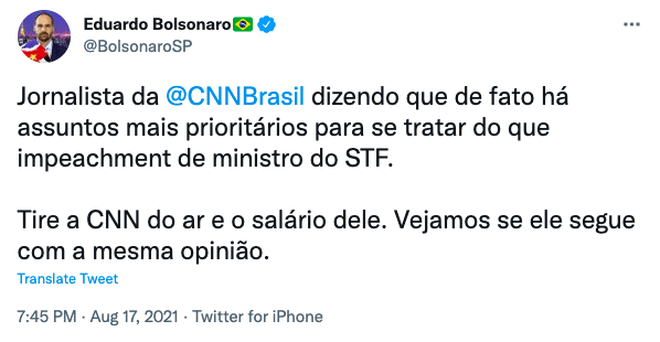 Eduardo Bolsonaro polemiza ao sugerir retirar CNN Brasil do ar (Reprodução/Twitter)