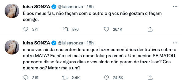 Luísa Sonza perde a paciência e se revolta após ataques a Vitão (Reprodução)