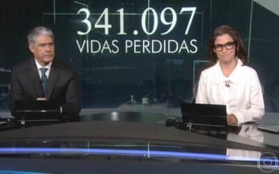 William Bonner e Renata Vasconcellos encerrando o Jornal Nacional com dados da pandemia de Covid-19, na Globo (Reprodução/Globo)