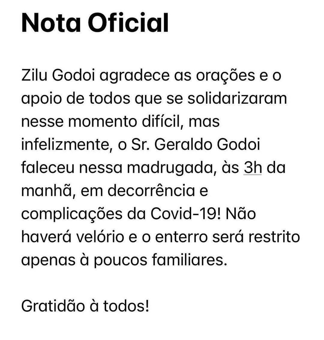 Pai de Zilu Camargo, Geraldo Godoi morre vítima de Covid-19 (Reprodução/Instagram)