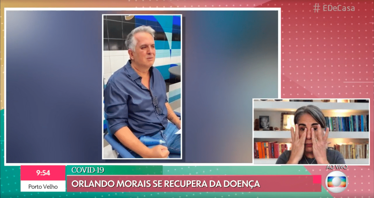 Glória Pires se emociona ao vivo no É de Casa ao falar da luta do marido contra a Covid-19 (Reprodução/Globo)