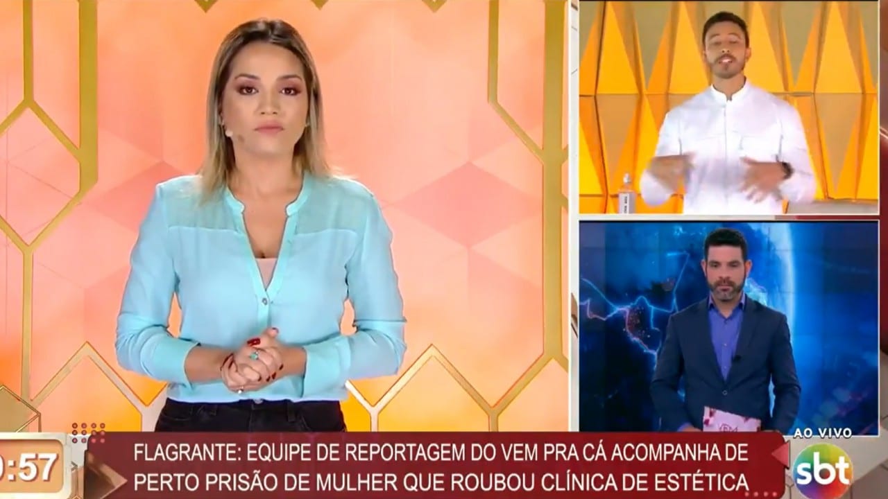 O famoso apresentador do SBT, Gabriel Cartolano apresenta Vem Pra Cá de "puxadinho" da emissora e chama atenção (Foto: Reprodução)