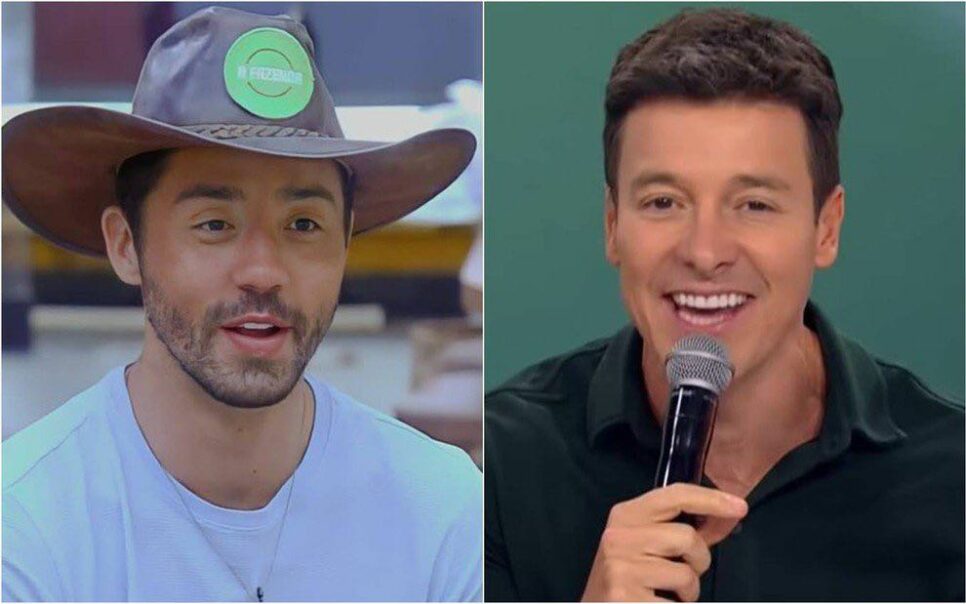Rico se empolga e agarra Rodrigo Faro na gravação do especial de A Fazenda 13