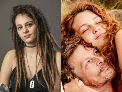 Joy de Um Lugar ao Sol (Lara Tremouroux) e, ao lado, a atriz com o pai Thierry Tremouroux (Divulgação e Reprodução Instagram)