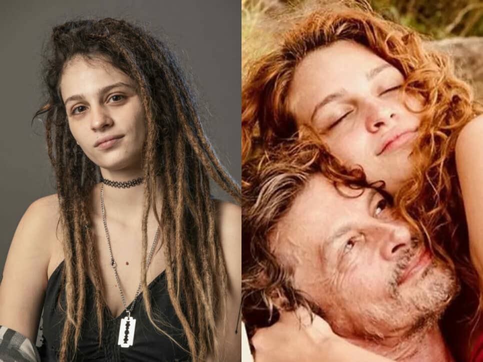Joy de Um Lugar ao Sol (Lara Tremouroux) e, ao lado, a atriz com o pai Thierry Tremouroux (Divulgação e Reprodução Instagram)