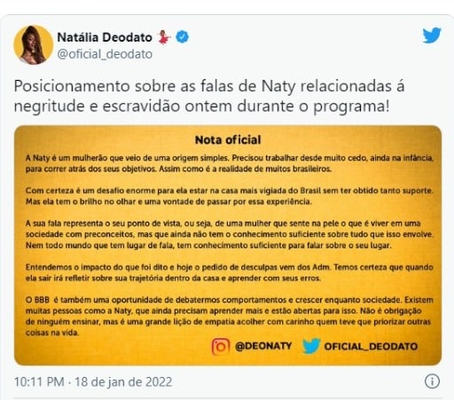 BBB 22: Equipe de Natália se pronuncia após falas racistas (Foto: Reprodução/Twitter)