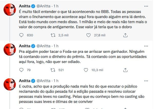 Anitta faz desabado sincero sobre BBB22 e divide opiniões (Foto: Reprodução)