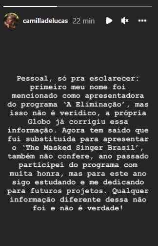 Camilla de Lucas se pronuncia e nega ter sido substituída por Priscilla Alcântara (Reprodução/Instagram)