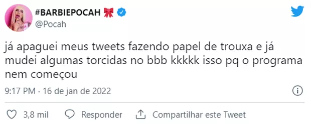 Pocah retira torcida para sister do BBB22 após descobrir alfinetadas (Reprodução/Twitter)