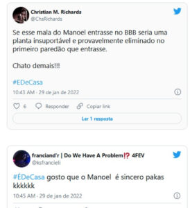  Houve quem concordasse com as criticas de Manoel aos participantes do BBB22 (Foto: Reprodução / Twitter) 