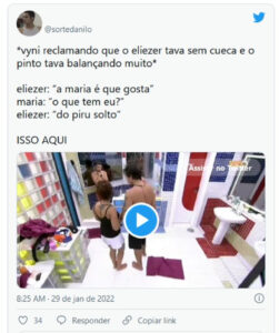 Internautas reagiram a fala de Vyni sobre Eliezer andar sem cueca (Foto: Reprodução / Twitter)