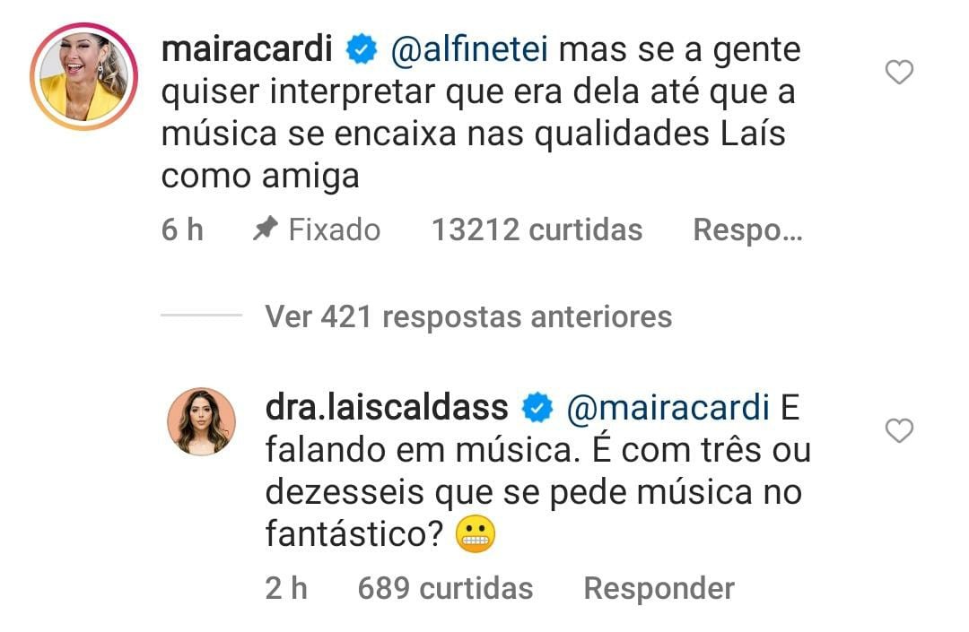 Print dos comentários de Maíra Cardi e Laís (Foto: Reprodução)