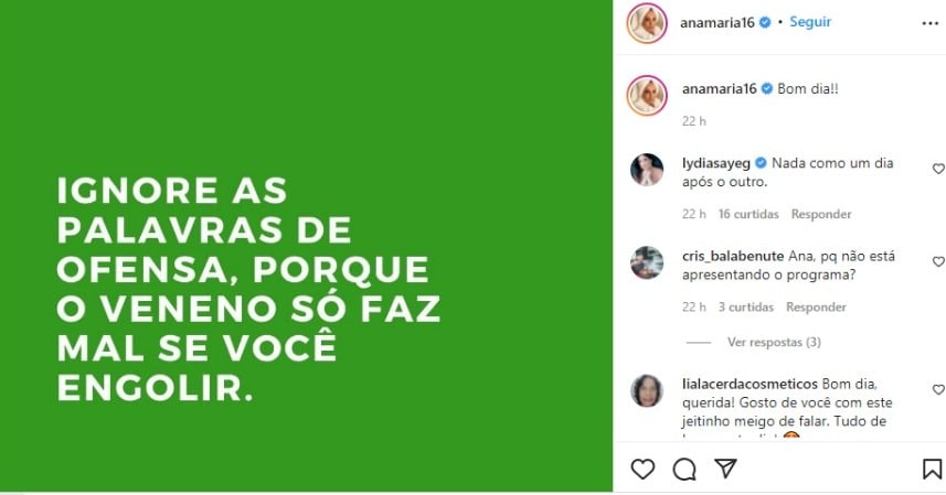 Publicação de Ana Maria Braga no Instagram (Foto: Reprodução/Instagram)