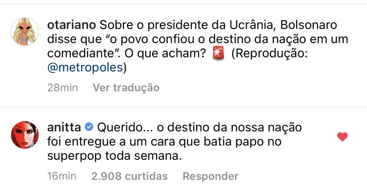 Comentário de Anitta na publicação do perfil Otariano (Foto: Reprodução)