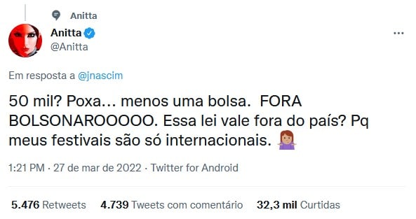 Anitta alfineta Bolsonaro (Foto: Reprodução / Twitter)