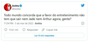 Anitta optou por torcer para que os dois continuem no BBB22 (Foto: Reprodução / Twitter)