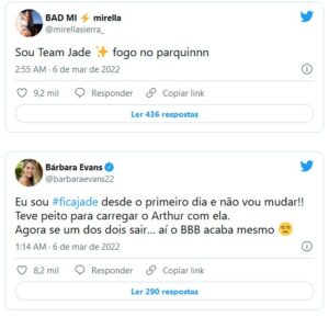 A cantora Mirella está torcendo para Jade, assim como Bárbara Evans (Foto: Reprodução / Twitter)