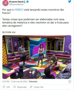 Internautas detonaram castigo do monstro do BBB22 (Foto: Reprodução / Twitter)