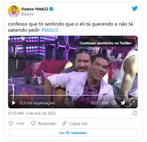 Web ficou em polvorosa com a possibilidade de Vyni e Eli se beijarem no BBB22 (Foto: Reprodução / Twitter)