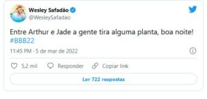 Wesley Safadão defendeu a eliminação de um terceiro possível indicado ao paredão do BBB22 (Foto: Reprodução / Twitter)