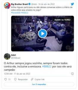 Internautas não gostaram de ver a Globo desmascarando Arthur no BBB22 (Foto: Reprodução / Twitter)