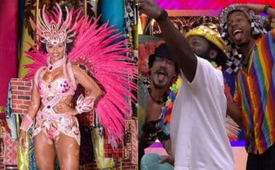 Natália Deodato saiu como destaque da Beija-Flor; Eli, DG e Paulo André assistiram ao desfile no BBB22 (Foto: Reprodução / Globo)