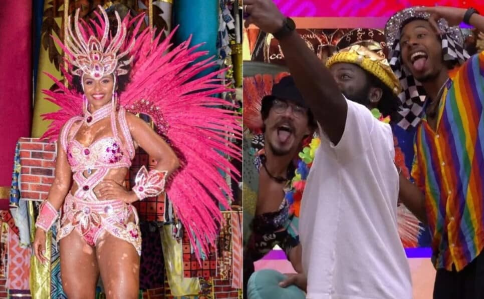 Natália Deodato saiu como destaque da Beija-Flor; Eli, DG e Paulo André assistiram ao desfile no BBB22 (Foto: Reprodução / Globo)