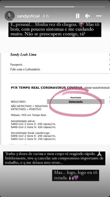 Sandy compartilha resultado de exame (Foto: Reprodução)