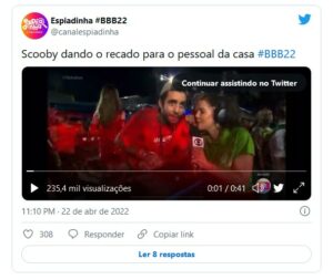 Ao vivo na Globo, Pedro Scooby manda recado aos brothers do BBB22 e ignora Arthur (Foto: Reprodução / Twitter)