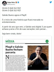 O narrador Galvão Bueno fechou acordo com empresa de Felipe Neto para crescer na internet (Foto: Reprodução / Twitter)