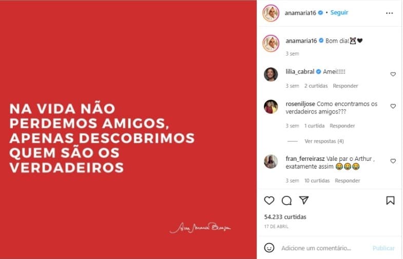 Post de Ana Maria Braga no Instagram (Foto: Reprodução)