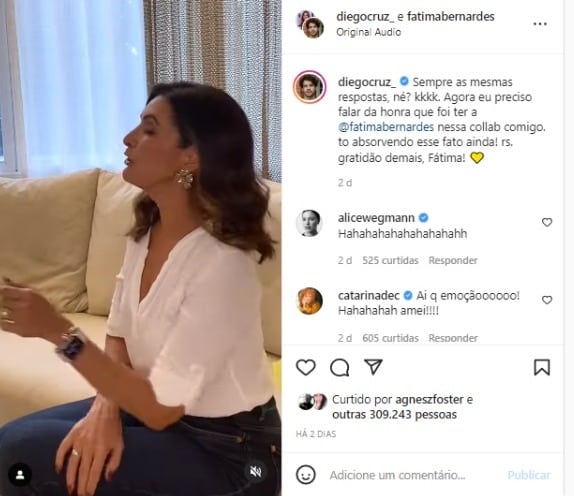 Fátima Bernardes entrevista Diego Cruz (Foto: Reprodução/Instagram)