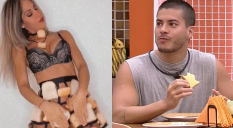 Arthur Aguiar come pão no BBB22 e Maíra Cardi com colar de pão; casal faturou com o alimento (Foto: Reprodução / Instagram / Globoplay)