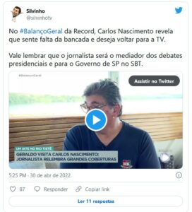 Carlos Nascimento na Record; jornalista deseja voltar para televisão e cutuca Silvio Santos (Foto: Reprodução / Twitter)