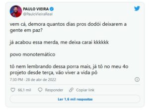 Paulo Vieira perde a linha com fãs de Arthur Aguiar: "Já acabou essa merd*" (Foto: Reprodução / Twitter)