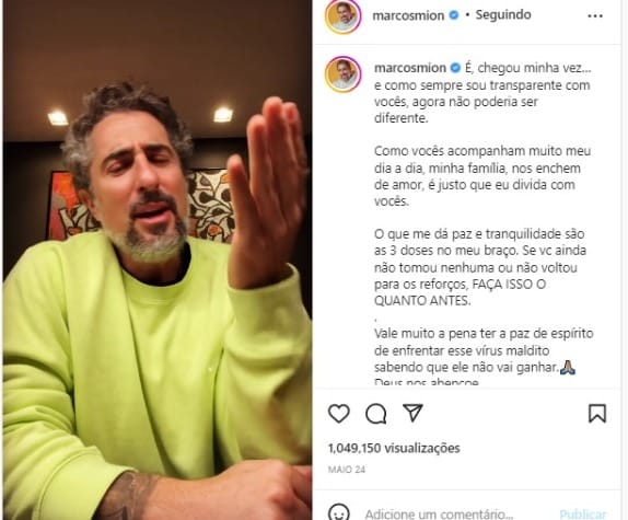 Marcos Mion publicou um vídeo em seu Instagram anunciando que testou positivo para a Covid-19 (Foto: Reprodução/Instagram)