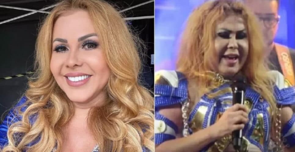Joelma em foto postada no dia 31 de maio, e em show no Pará, no dia 29: "efeito sanfona provocado pela sequela de Covid-19" (Foto: Reprodução / Internet)